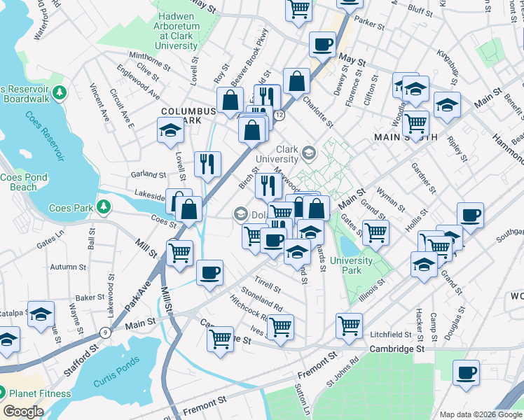 map of restaurants, bars, coffee shops, grocery stores, and more near 11 Oliver Street in Worcester