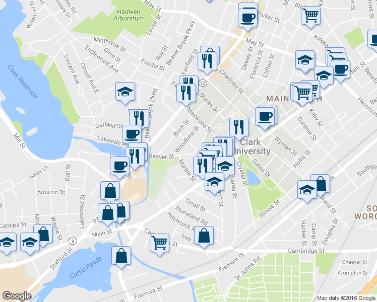 map of restaurants, bars, coffee shops, grocery stores, and more near 11 Oliver Street in Worcester