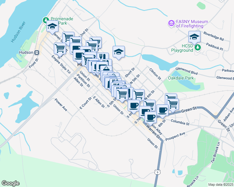 map of restaurants, bars, coffee shops, grocery stores, and more near 452 Warren Street in Hudson