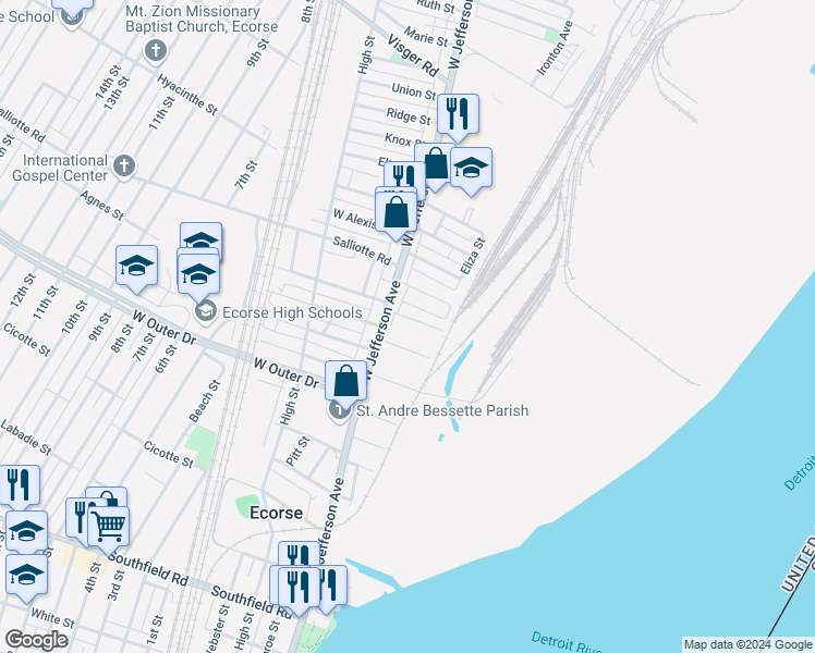 map of restaurants, bars, coffee shops, grocery stores, and more near 15 East Josephine Street in Ecorse