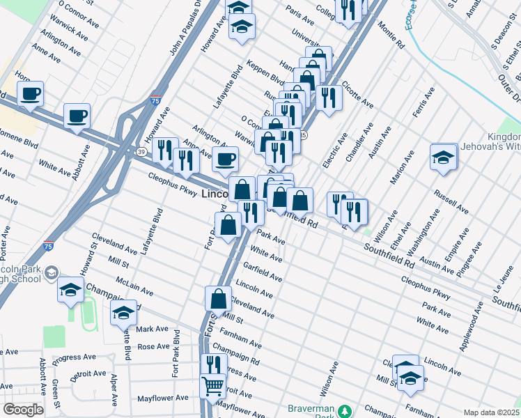 map of restaurants, bars, coffee shops, grocery stores, and more near in Lincoln Park