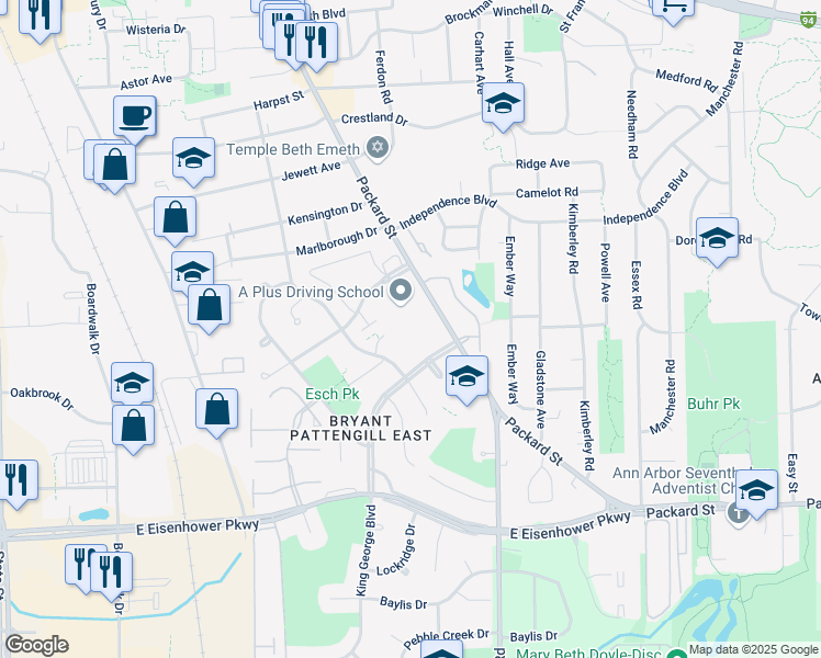 map of restaurants, bars, coffee shops, grocery stores, and more near 2500 Packard Street in Ann Arbor
