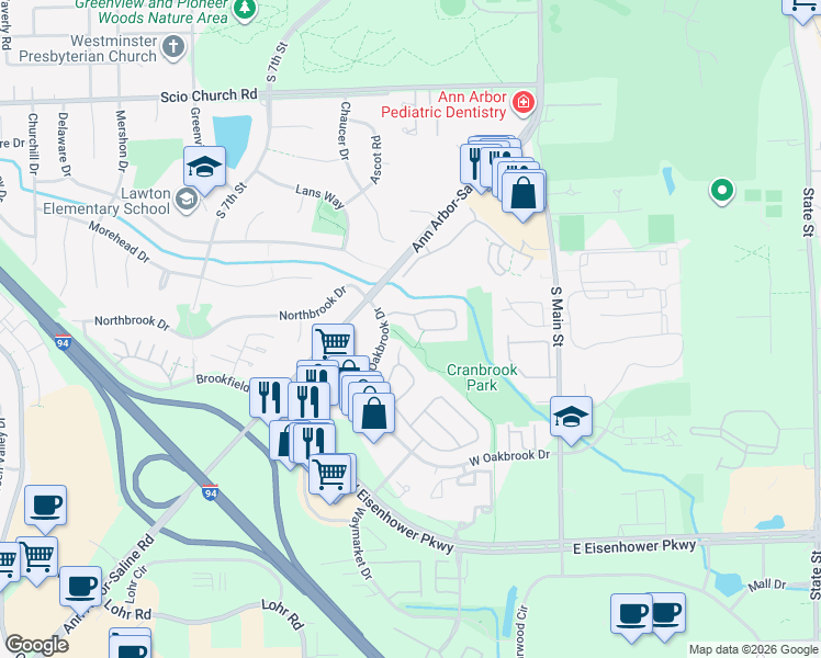 map of restaurants, bars, coffee shops, grocery stores, and more near 390 Rolling Meadows Drive in Ann Arbor