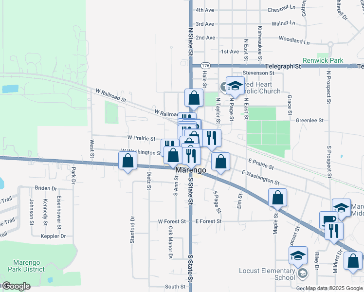 map of restaurants, bars, coffee shops, grocery stores, and more near 124 West Prairie Street in Marengo