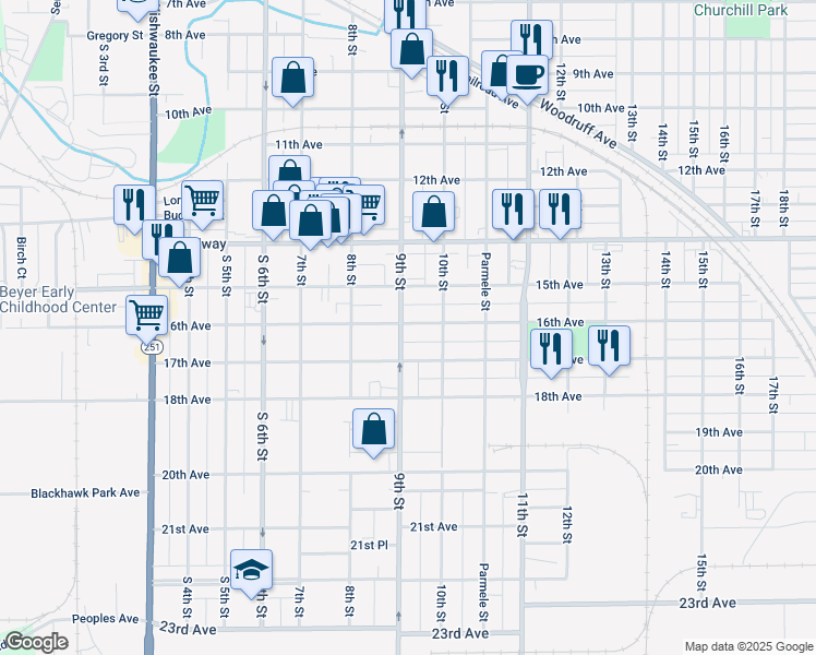 map of restaurants, bars, coffee shops, grocery stores, and more near 1318 16th Avenue in Rockford