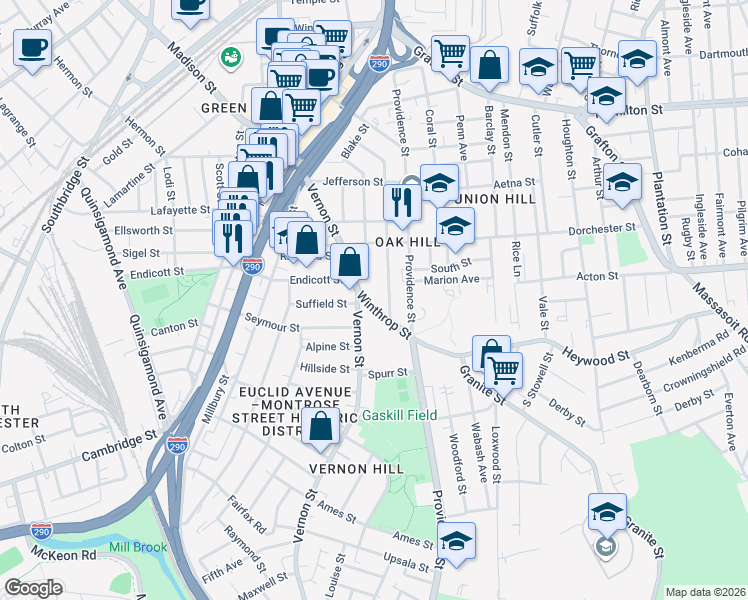map of restaurants, bars, coffee shops, grocery stores, and more near 67 Vernon Street in Worcester