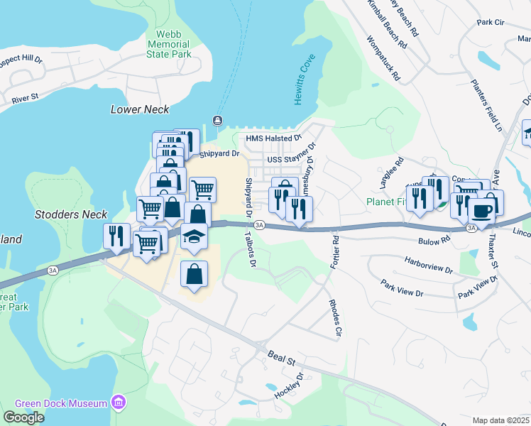 map of restaurants, bars, coffee shops, grocery stores, and more near 168 Shipyard Drive in Hingham