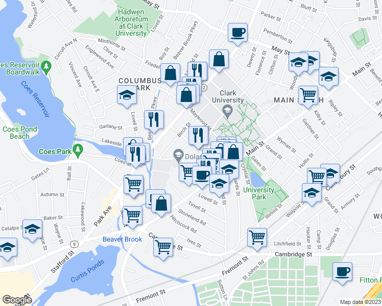 map of restaurants, bars, coffee shops, grocery stores, and more near 48 Beaver Street in Worcester