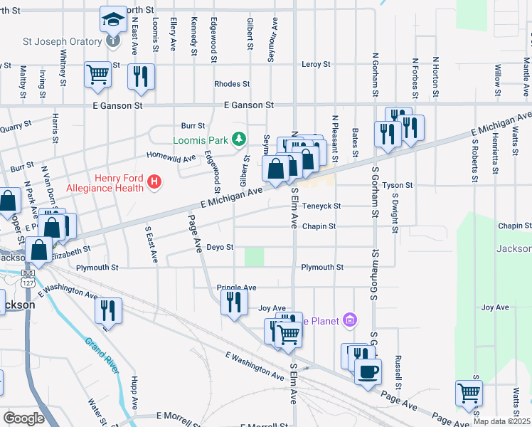 map of restaurants, bars, coffee shops, grocery stores, and more near 1423 Teneyck Street in Jackson