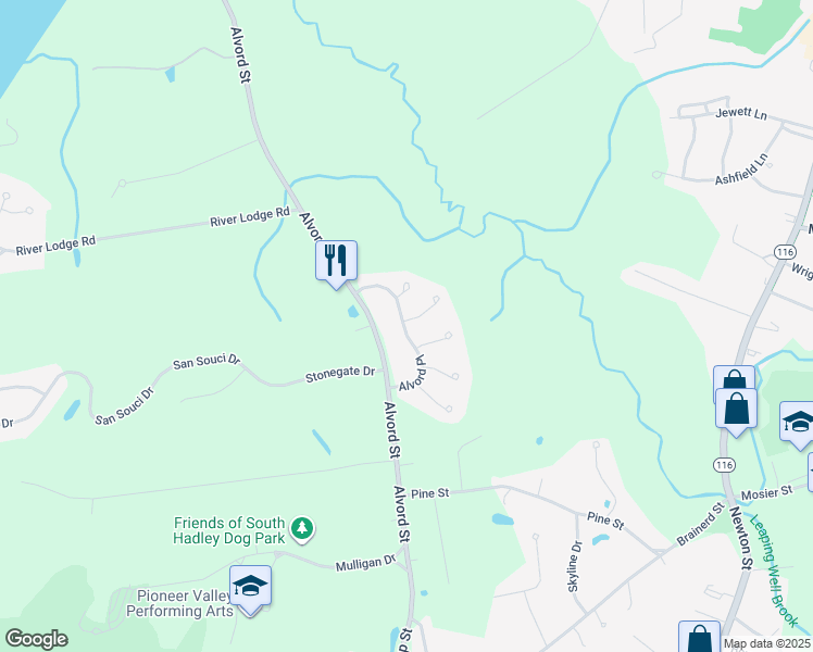 map of restaurants, bars, coffee shops, grocery stores, and more near 106 Alvord Place in South Hadley
