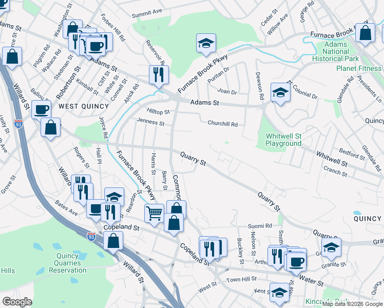 map of restaurants, bars, coffee shops, grocery stores, and more near 339 Quarry Street in Quincy