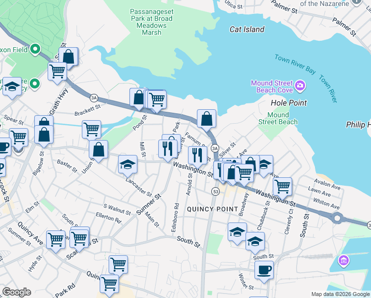 map of restaurants, bars, coffee shops, grocery stores, and more near 42 Edison Street in Quincy
