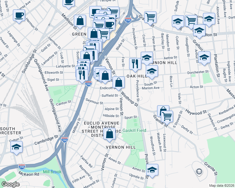 map of restaurants, bars, coffee shops, grocery stores, and more near 6 Suffield Street in Worcester