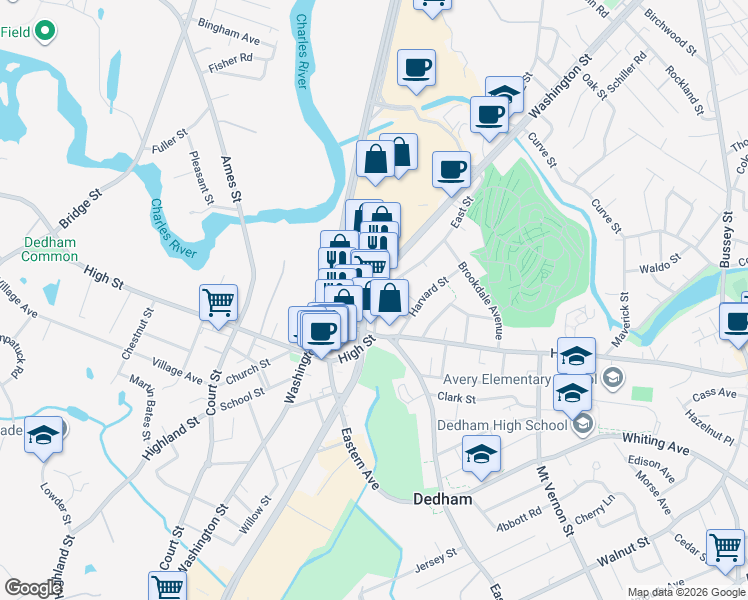 map of restaurants, bars, coffee shops, grocery stores, and more near 274 Washington Street in Dedham