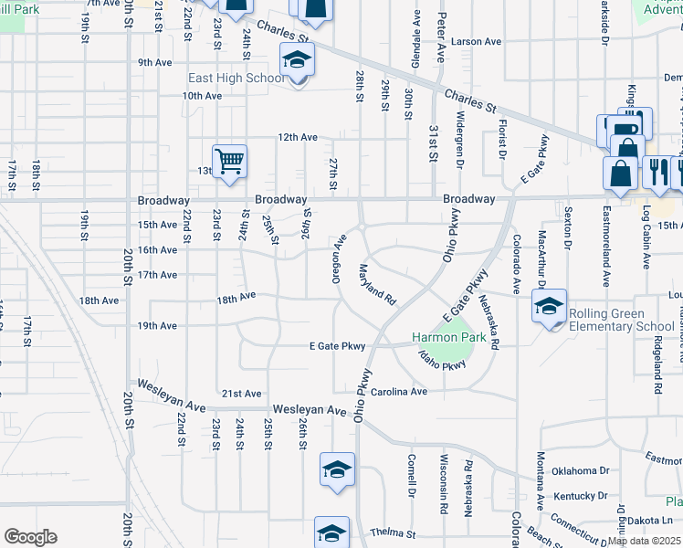 map of restaurants, bars, coffee shops, grocery stores, and more near 1702 Oregon Avenue in Rockford
