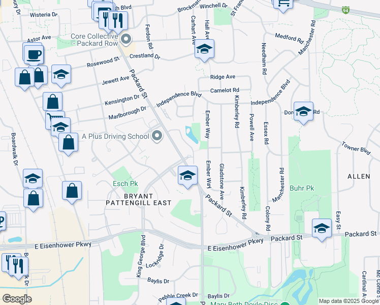 map of restaurants, bars, coffee shops, grocery stores, and more near 2511 Packard Street in Ann Arbor