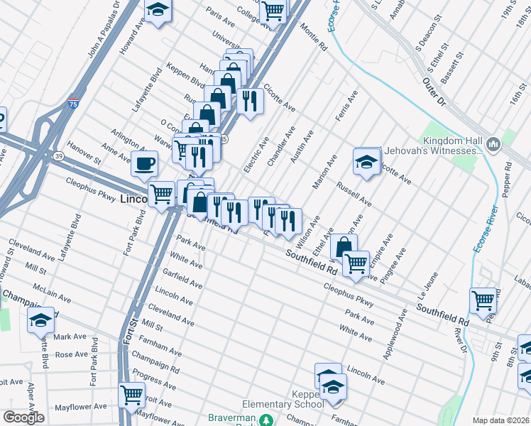 map of restaurants, bars, coffee shops, grocery stores, and more near 1654 Austin Avenue in Lincoln Park