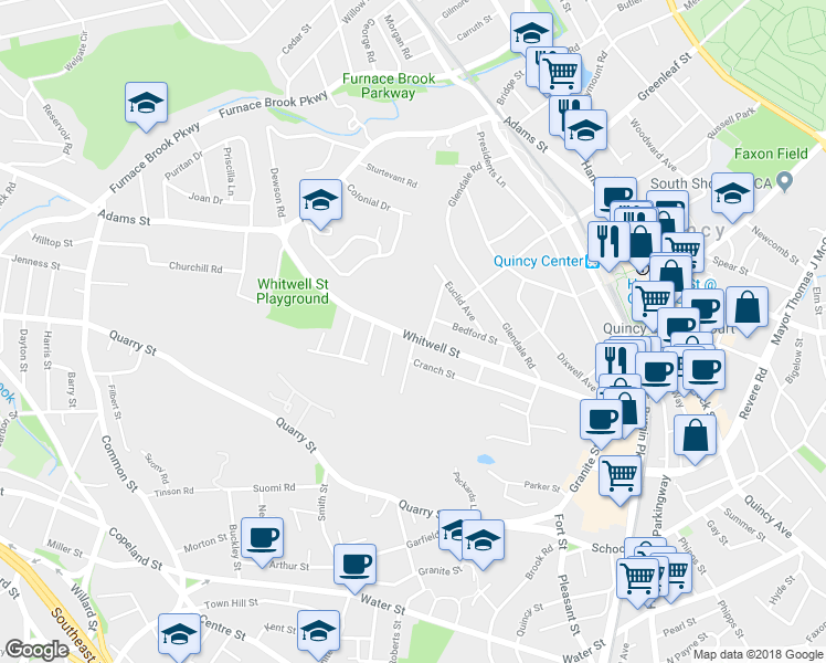 map of restaurants, bars, coffee shops, grocery stores, and more near 150 Whitwell Street in Quincy
