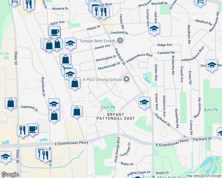 map of restaurants, bars, coffee shops, grocery stores, and more near 1507 Pine Valley Blvd in Ann Arbor