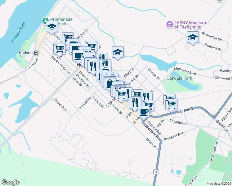 map of restaurants, bars, coffee shops, grocery stores, and more near 452 Warren Street in Hudson