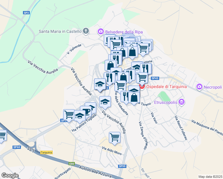 map of restaurants, bars, coffee shops, grocery stores, and more near in Tarquinia