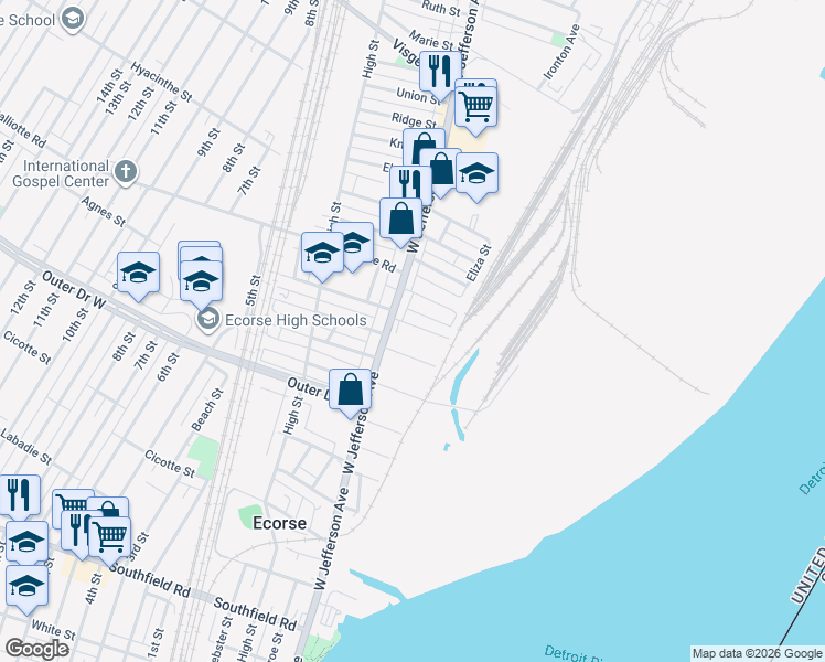 map of restaurants, bars, coffee shops, grocery stores, and more near 15 East Josephine Street in Ecorse