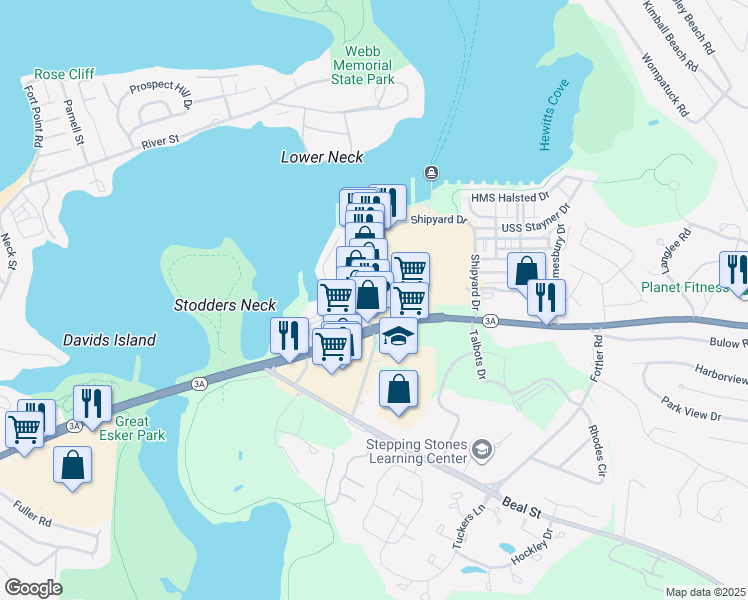 map of restaurants, bars, coffee shops, grocery stores, and more near 18 Shipyard Drive in Hingham