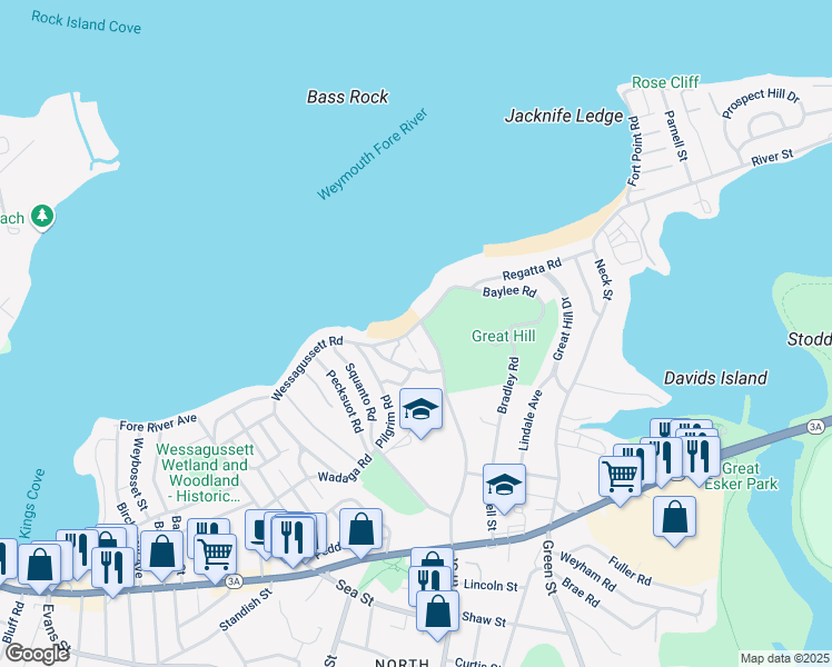 map of restaurants, bars, coffee shops, grocery stores, and more near 263 Wessagussett Road in Weymouth