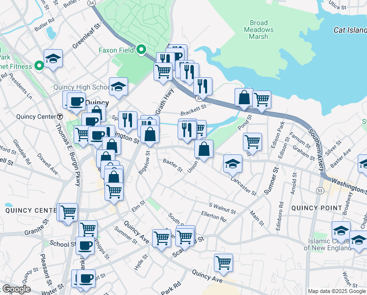 map of restaurants, bars, coffee shops, grocery stores, and more near 196 Washington Street in Quincy