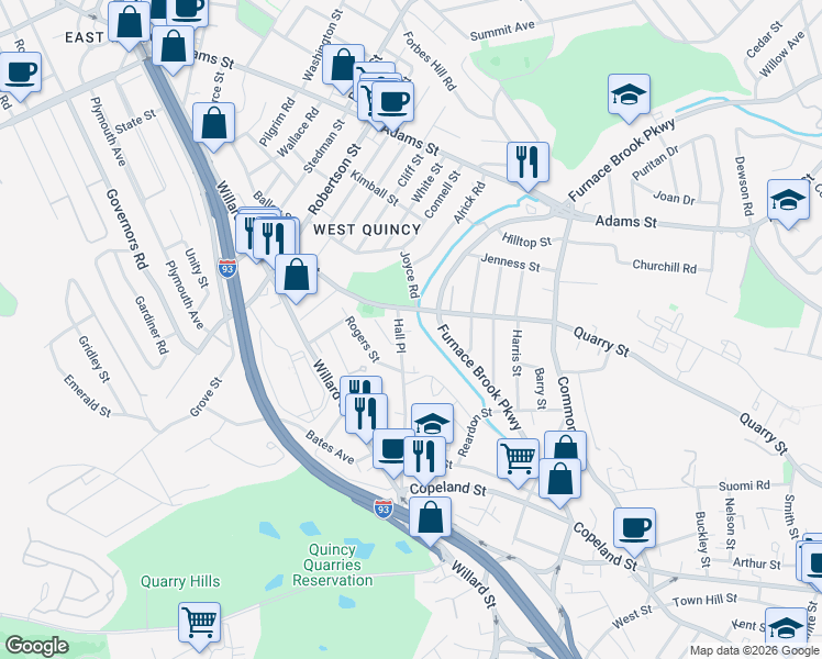 map of restaurants, bars, coffee shops, grocery stores, and more near 496 Quarry Street in Quincy