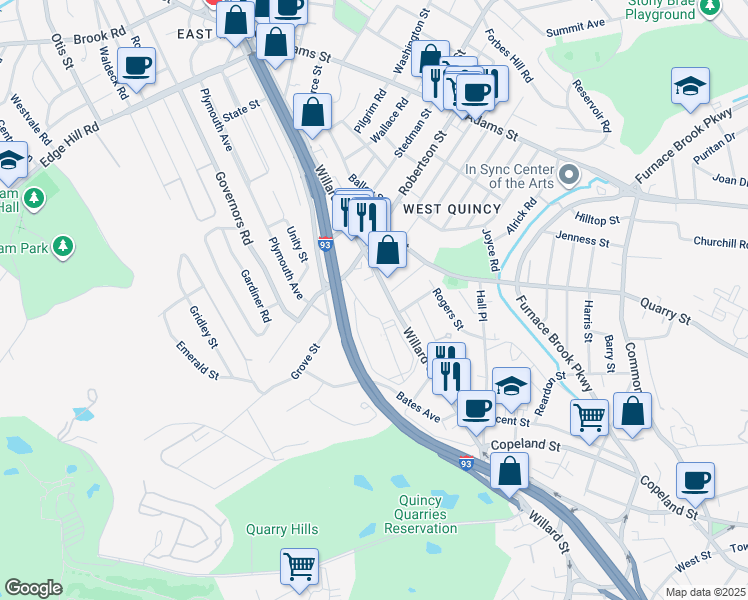 map of restaurants, bars, coffee shops, grocery stores, and more near 142 Willard Street in Quincy