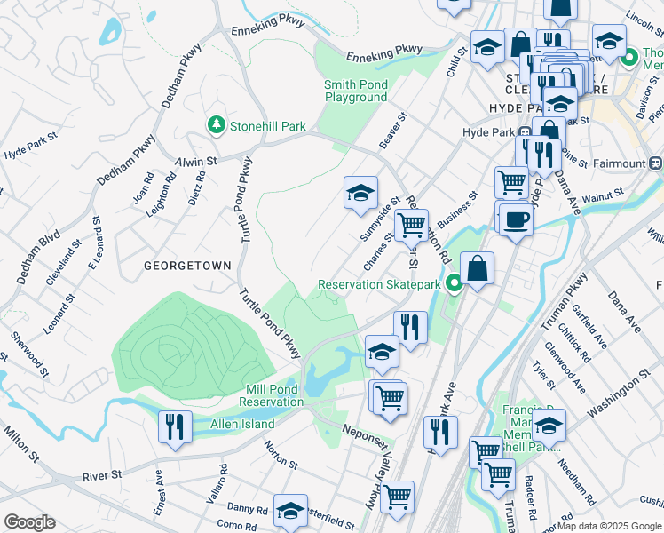 map of restaurants, bars, coffee shops, grocery stores, and more near 8 Scribner Road in Boston