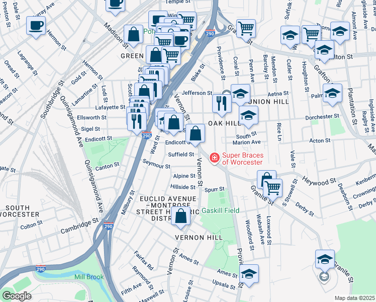 map of restaurants, bars, coffee shops, grocery stores, and more near 128 Endicott Street in Worcester