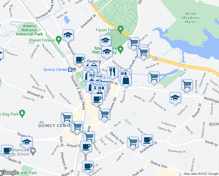 map of restaurants, bars, coffee shops, grocery stores, and more near PO Box 690724 in Quincy
