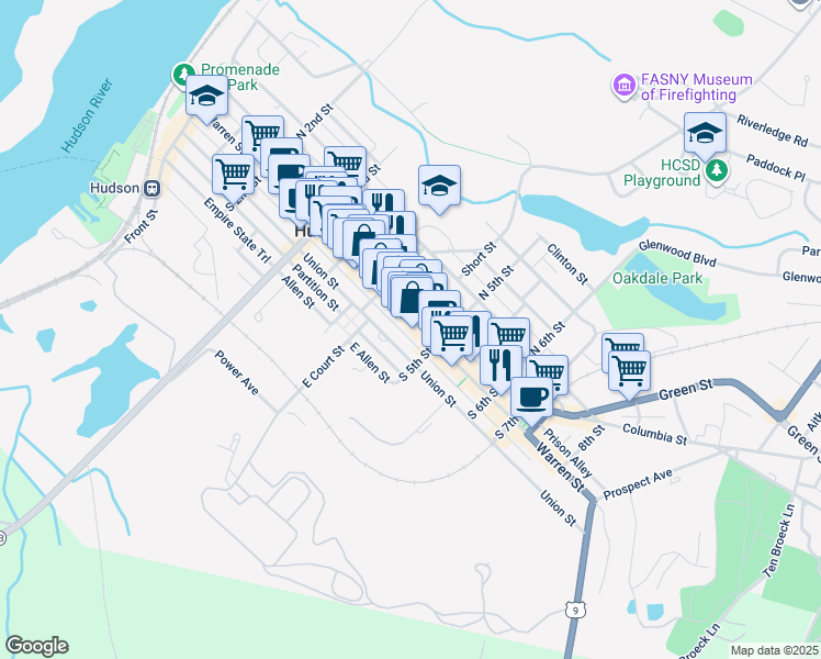 map of restaurants, bars, coffee shops, grocery stores, and more near 429 Warren Street in Hudson