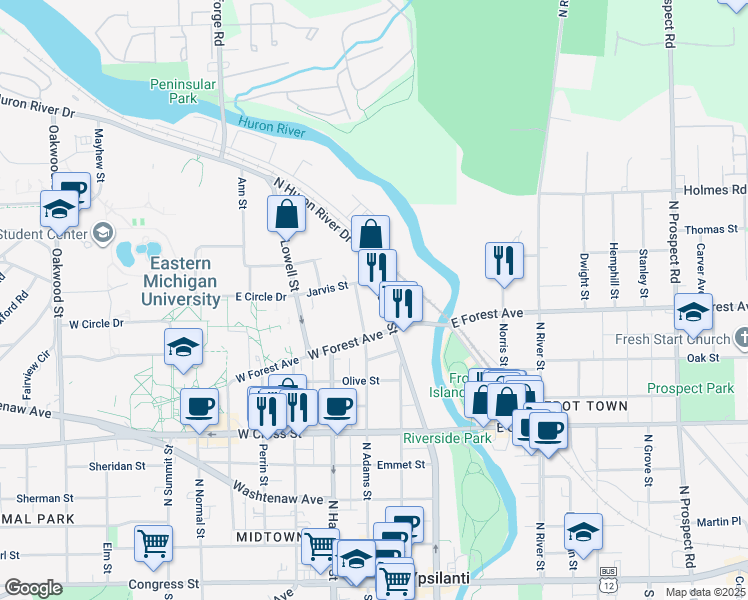 map of restaurants, bars, coffee shops, grocery stores, and more near 203 Jarvis Street in Ypsilanti