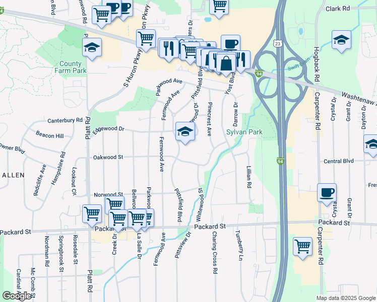map of restaurants, bars, coffee shops, grocery stores, and more near 3440 Richard Street in Ann Arbor