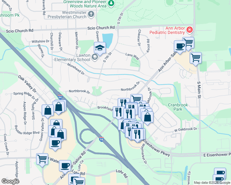 map of restaurants, bars, coffee shops, grocery stores, and more near 1705 Northbrook Drive in Ann Arbor