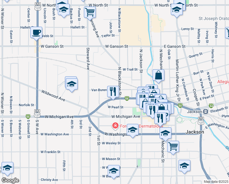 map of restaurants, bars, coffee shops, grocery stores, and more near 406 North Blackstone Street in Jackson