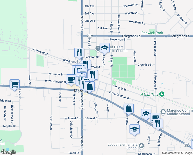 map of restaurants, bars, coffee shops, grocery stores, and more near 204 East Prairie Street in Marengo