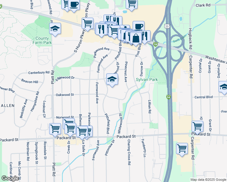 map of restaurants, bars, coffee shops, grocery stores, and more near 2543 Pittsfield Boulevard in Ann Arbor