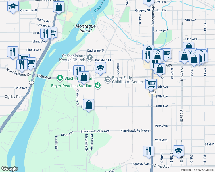 map of restaurants, bars, coffee shops, grocery stores, and more near 333 15th Avenue in Rockford