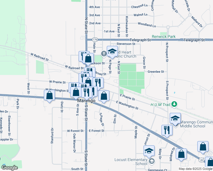 map of restaurants, bars, coffee shops, grocery stores, and more near 155 North Taylor Street in Marengo