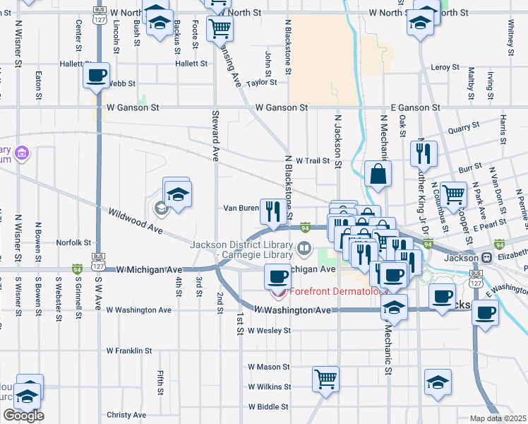 map of restaurants, bars, coffee shops, grocery stores, and more near 319 Van Buren Street in Jackson