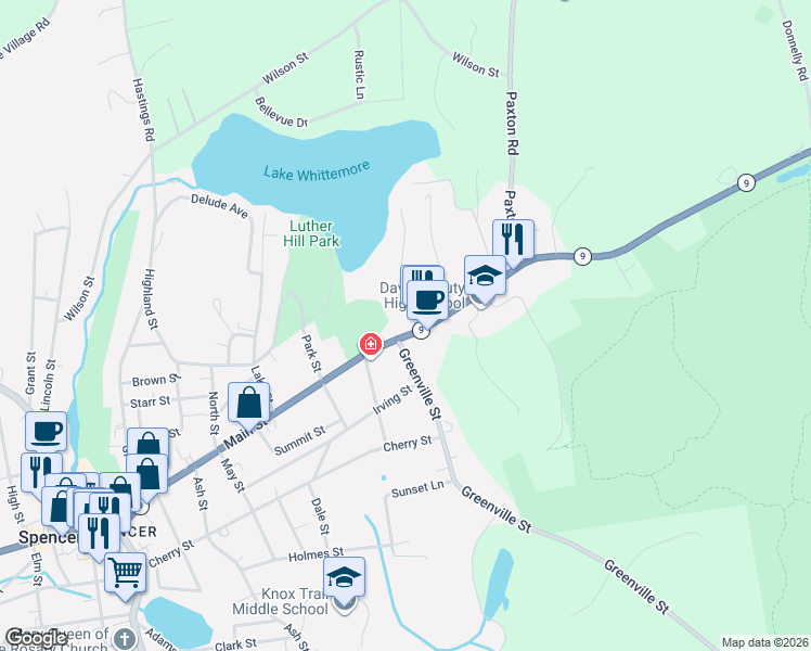 map of restaurants, bars, coffee shops, grocery stores, and more near 291 Main Street in Spencer