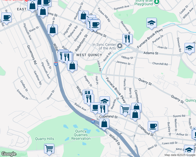 map of restaurants, bars, coffee shops, grocery stores, and more near 496 Quarry Street in Quincy