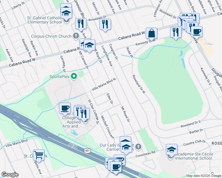 map of restaurants, bars, coffee shops, grocery stores, and more near 4012 Mount Royal Drive in Windsor