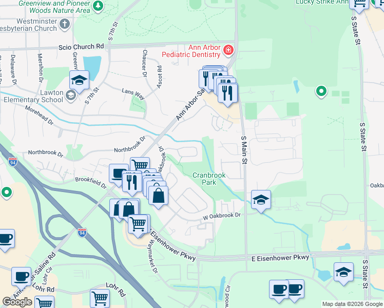 map of restaurants, bars, coffee shops, grocery stores, and more near 327 Rolling Meadows Drive in Ann Arbor