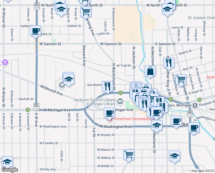 map of restaurants, bars, coffee shops, grocery stores, and more near 313 Van Buren Street in Jackson