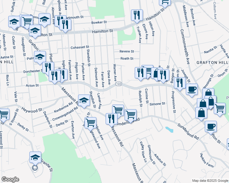 map of restaurants, bars, coffee shops, grocery stores, and more near in Worcester